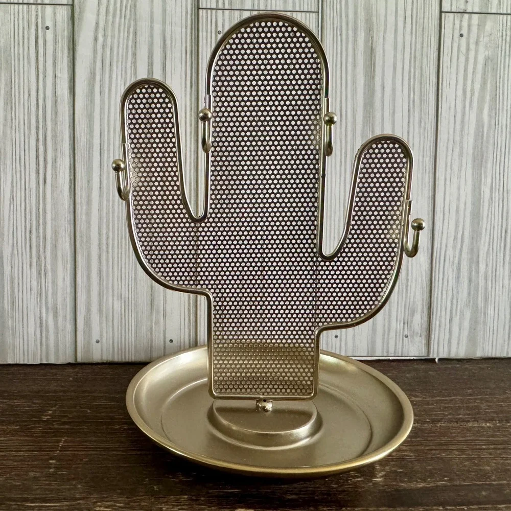 Gold Metal Cactus Jewelry Stand Earring Holder Necklace Organizer with Tray
